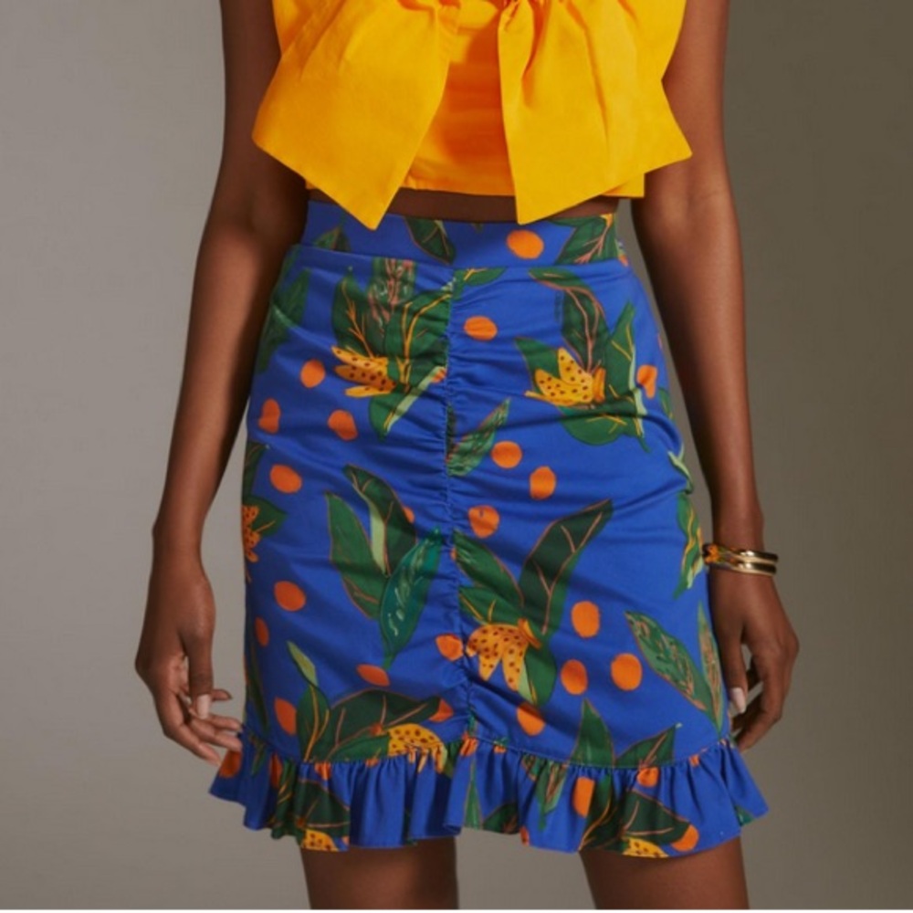 Farm Rio Anthropologie Ruched Banana Mini Skirt XXS